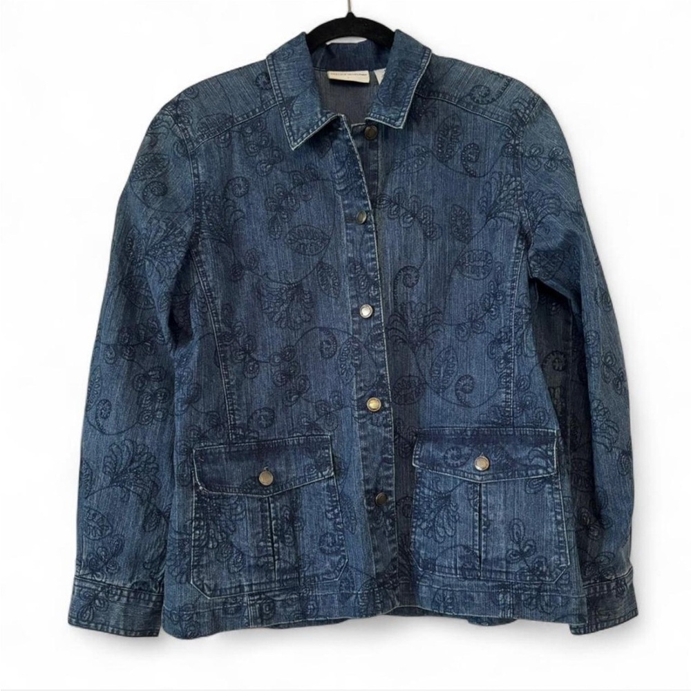 Alfred Dunner Blue Denim Jacket Floral Embroidered Shacket Size 8